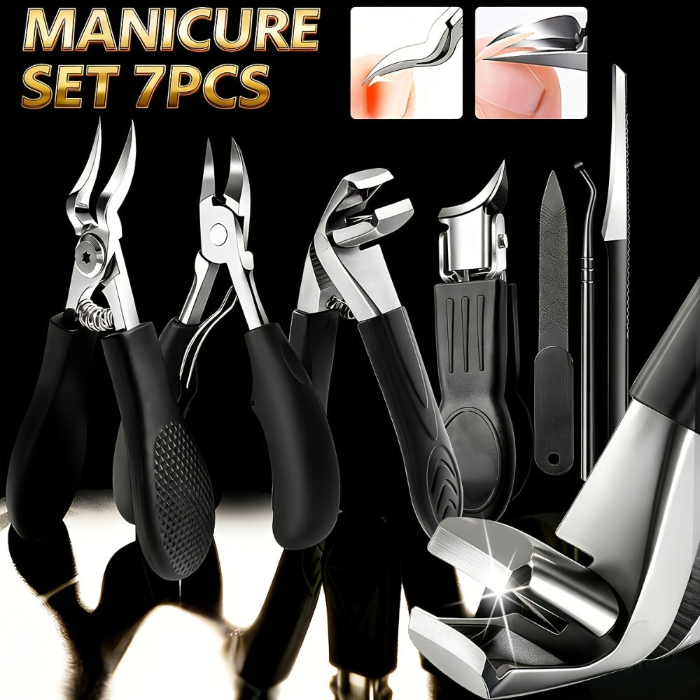 Seven-Piece Toenail Clipper Kit with Angled Nippers, Curved Blade Tool, Nail File and Lifter
