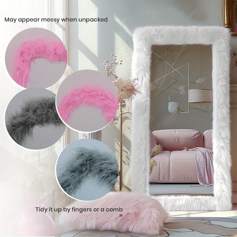 Full Length Mirror with Faux Fur Frame 24x63 Inch Leaning Floor Mirror for Bedroom Living Room Hallway Vanity Dressing Mirror Pink Gray White