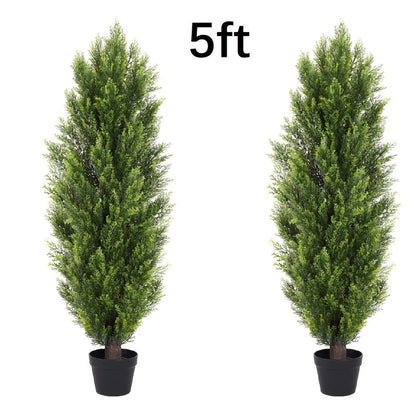 Two-Pack Artificial Cedar Topiary Trees with 4, 5 or 6 ft Height Options and Optional 16-Inch Black Planters