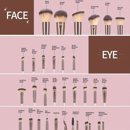 Makeup Brush Set, 30-Piece Nylon Bristle Collection with Alloy Handles, Face and Eye Brush Shapes and Storage Pouch