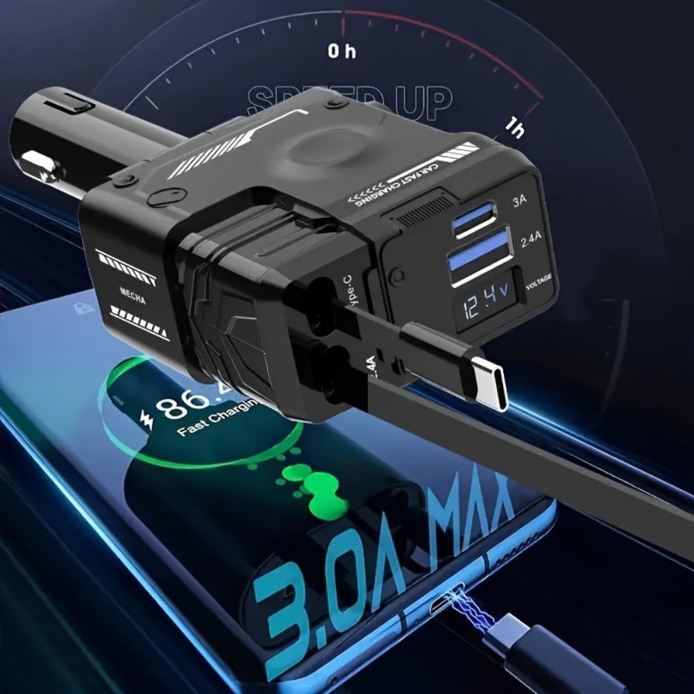 Dual Retractable Cable Car Charger 4-in-1 with Lightning & Type-C 31in, 2 USB-A Ports & Voltage Supervision – Tangle-Free Fast Car Phone Charger for iPhone Samsung Android, Multi Port Car Charging Adapter 4 Colors