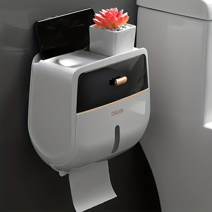 Wall-Mounted Covered Toilet Paper Holder with Top Drawer, Storage Shelf and 8.26 x 5.51 x 8.46-Inch Size