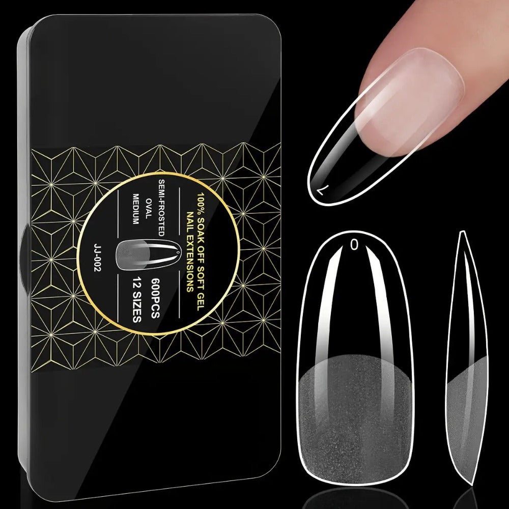 Clear Full-Cover Nail Tips, 600-Piece Set in Nine Almond, Oval, Stiletto, Coffin and Square Length Options
