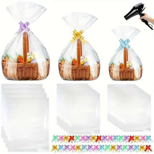 Clear Heat Shrink Cellophane Bags 80pcs 3 Sizes with Pull Bows | Gift Basket Wrapping Bags for Easter Mother's Day Party Favors