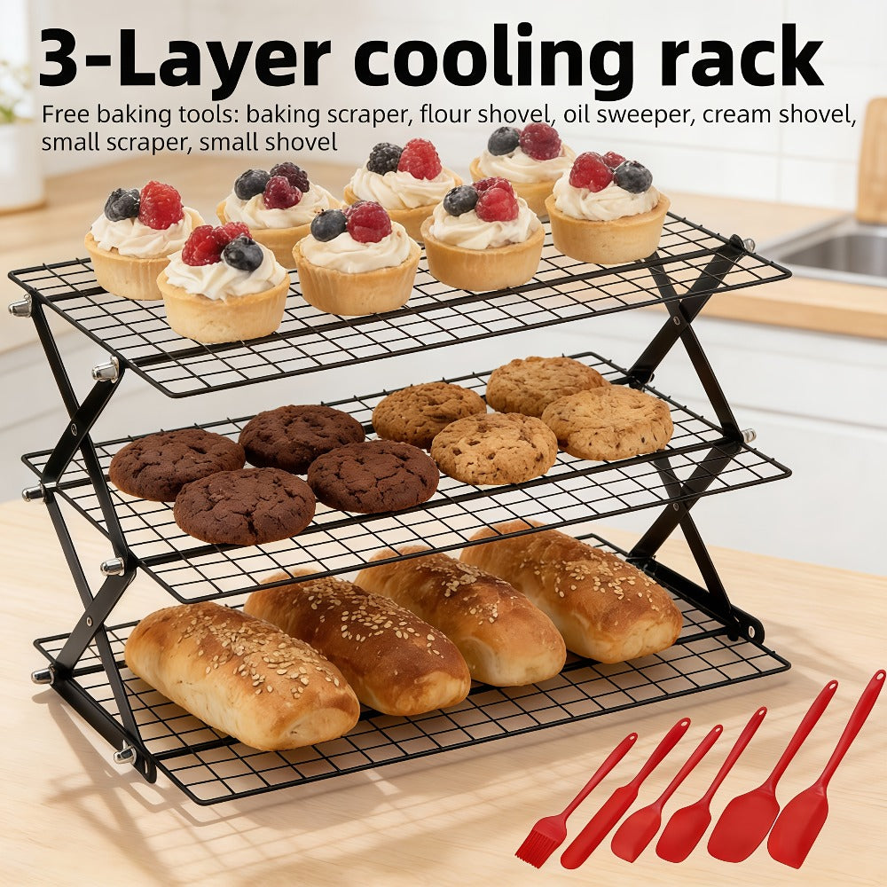 Foldable Cooling Rack Set – Stackable Oven Cookie Cake Drying Rack with Free Baking Tools (Silicone Spatula, Egg Beater, Tongs, Brush) | 3/4/5 Tier Options for Kitchen, Camping & Holiday Baking