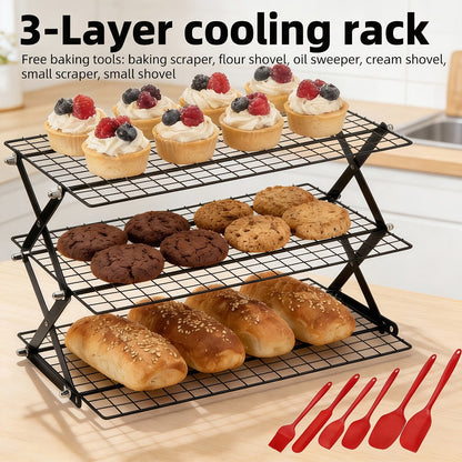 Foldable Cooling Rack Set – Stackable Oven Cookie Cake Drying Rack with Free Baking Tools (Silicone Spatula, Egg Beater, Tongs, Brush) | 3/4/5 Tier Options for Kitchen, Camping & Holiday Baking