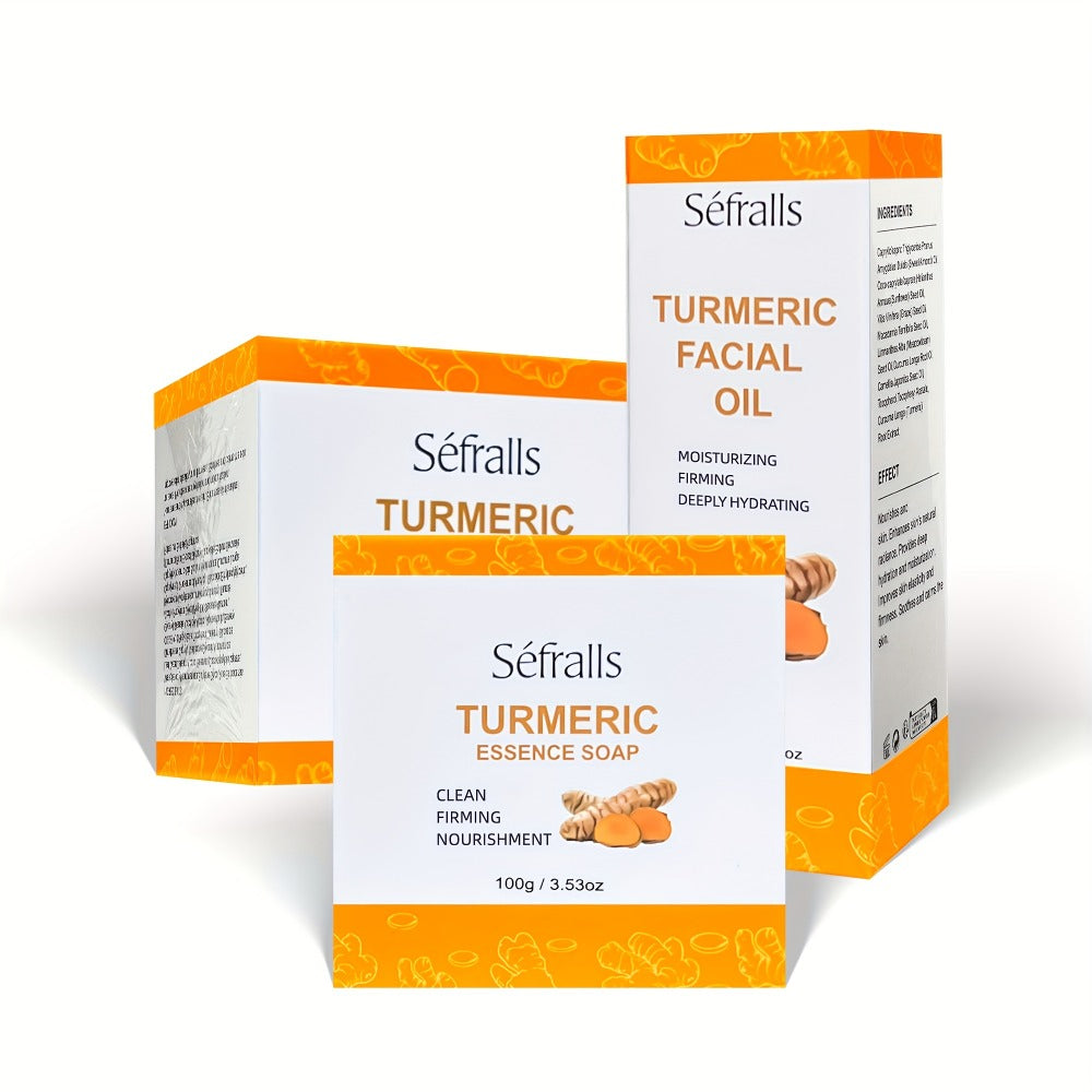 Three-Piece Turmeric-Labeled Skin Care Set with 100 g Soap, 50 g Cream and 1.01 oz Oil for Daily Routines