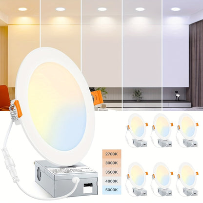 6 Inch LED Recessed Light 5CCT Selectable Dimmable - 12W 1050LM, 2700K-5000K, ETL Listed Slim Canless Downlight for Kitchen, Bedroom, Living Room & Office (6 / 24 / 48 / 72 / 96 Pack)