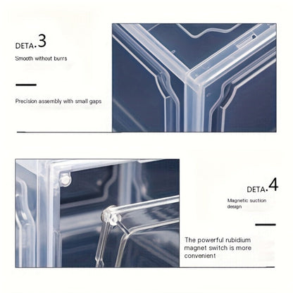 Six-Pack Clear Stackable Shoe Display Boxes with Magnetic Front Doors in Black or White for Closets