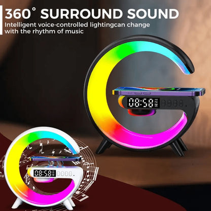 G-Shaped RGB Wireless Charging Lamp with Alarm Clock, Bluetooth Speaker and Black or White Finish