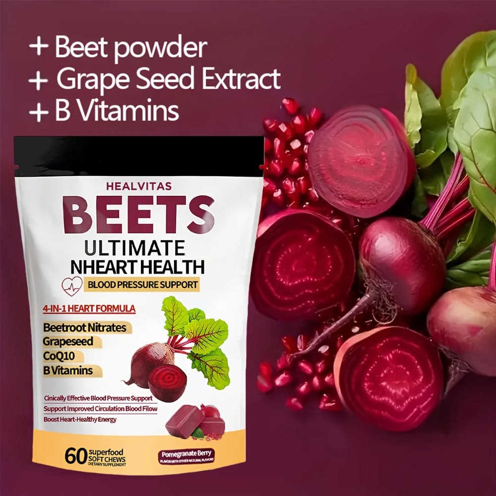 Beetroot Chewable Tablets with Natural Nitrates & Concentrated Beet Root Extract - Supports Circulatory System, Nitric Oxide Production & Cardiovascular Health - Dietary Supplement