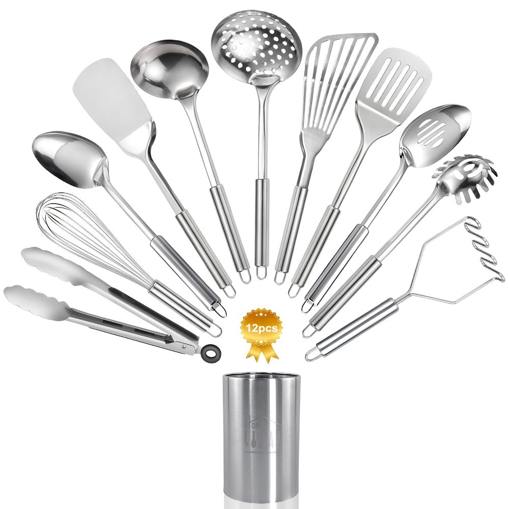 Stainless Steel Kitchen Utensils Set 12 Piece with Holder – Heat Resistant Cooking Utensils, Spatula, Ladle, Tongs, Whisk, Skimmer, Potato Masher, Slotted Spoon
