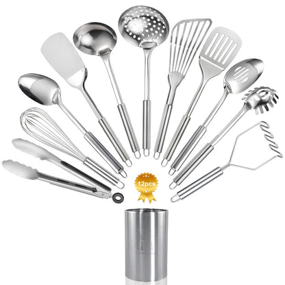 Stainless Steel Kitchen Utensils Set 12 Piece with Holder – Heat Resistant Cooking Utensils, Spatula, Ladle, Tongs, Whisk, Skimmer, Potato Masher, Slotted Spoon