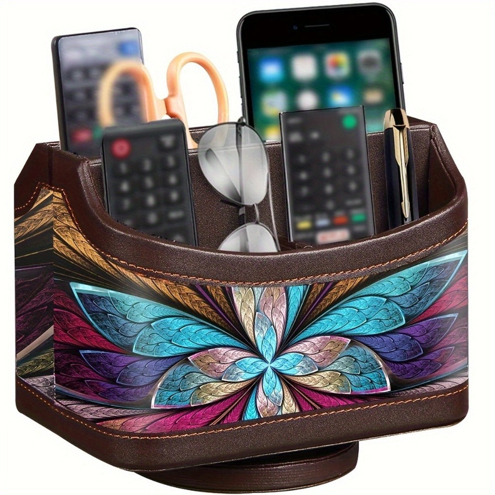 360° Swivel Remote Control Holder with 5 Compartments – PU Leather Desktop Organizer Caddy for TV Remotes, Phones, Glasses, Cosmetics & Stationery, Rotating Storage Box for Home Office Nightstand