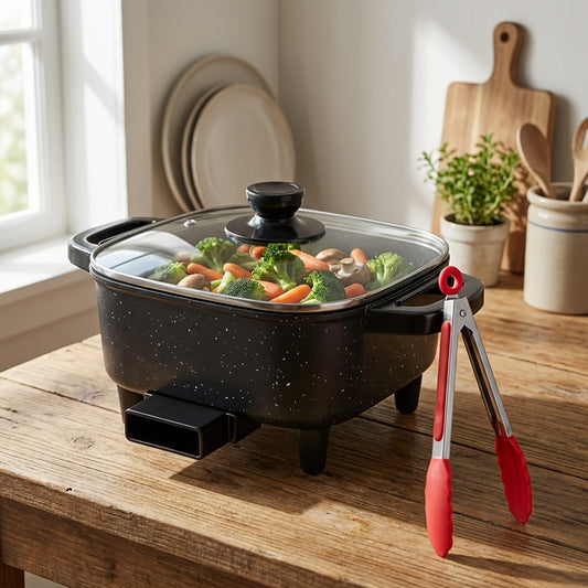 Electric Mini Square Hot Pot 8-Inch Non-Stick Speckled Coating Glass Lid Cool-Touch Handle Multi-Speed Temperature Control Compact Electric Skillet for Cooking Boiling Stewing Small Kitchen Apartment