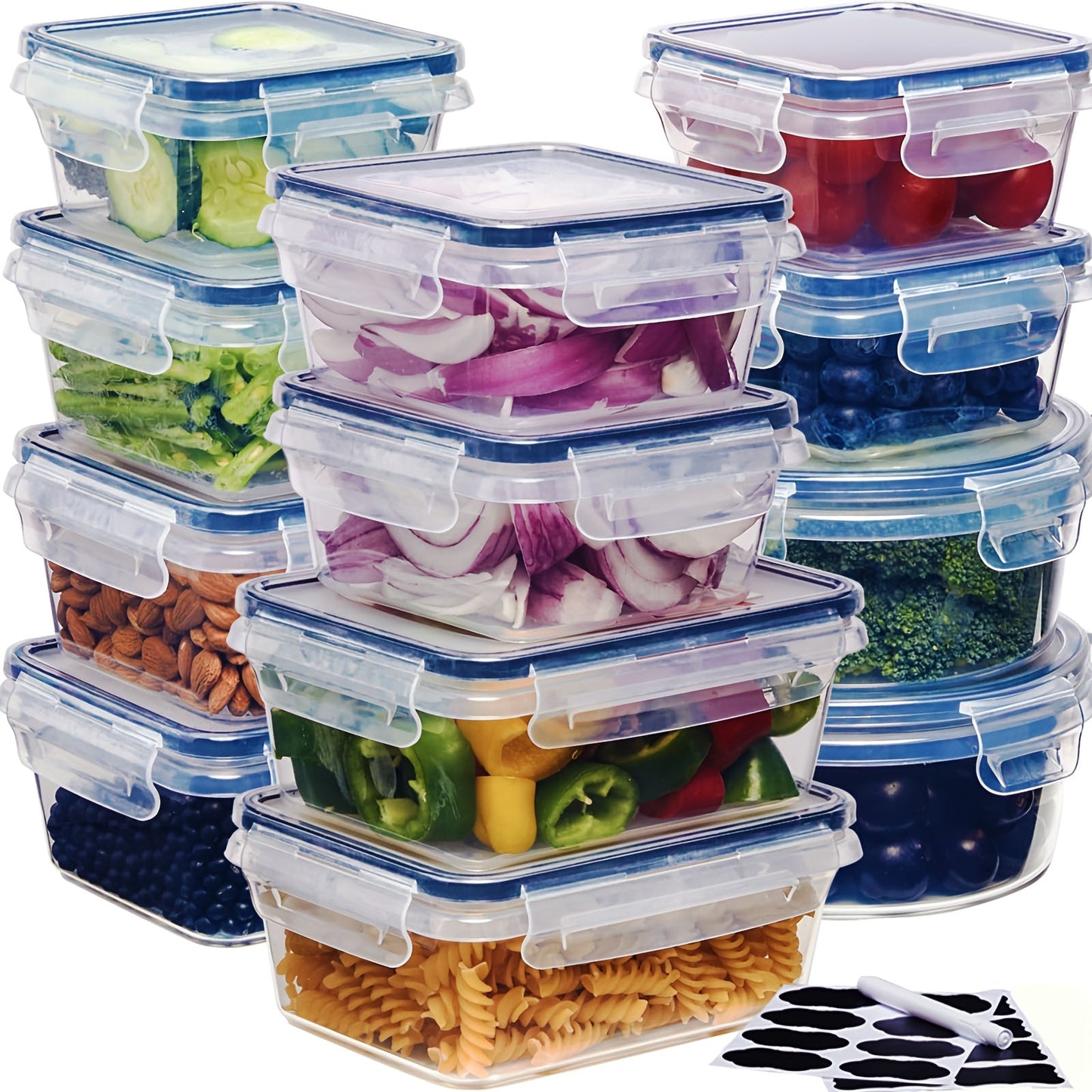 24 or 48-Piece Plastic Food Storage Container Set with Snap Lids, Labels and Marker for Pantry Organization