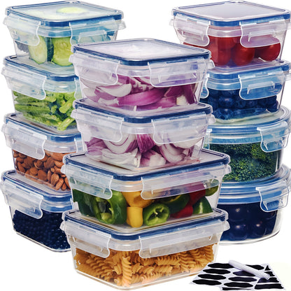 24 or 48-Piece Plastic Food Storage Container Set with Snap Lids, Labels and Marker for Pantry Organization