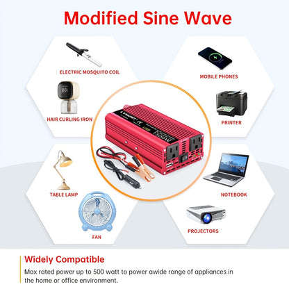 Car Power Inverter 500W 12V to 110V AC Outlet Converter with QC3.0 USB Port for Vehicle Boat Truck RV Portable Auto Power Adapter 200W Rated American Standard Socket Black Red