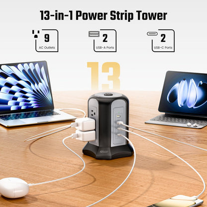 Surge-Protected Power Tower 13-in-1 with Wireless Charger, 9 AC Outlets & 4 USB Ports (2 USB-C PD18W), 1080J Surge Protector, 8ft Extension Cord – Multi-Color for Home Office Dorm