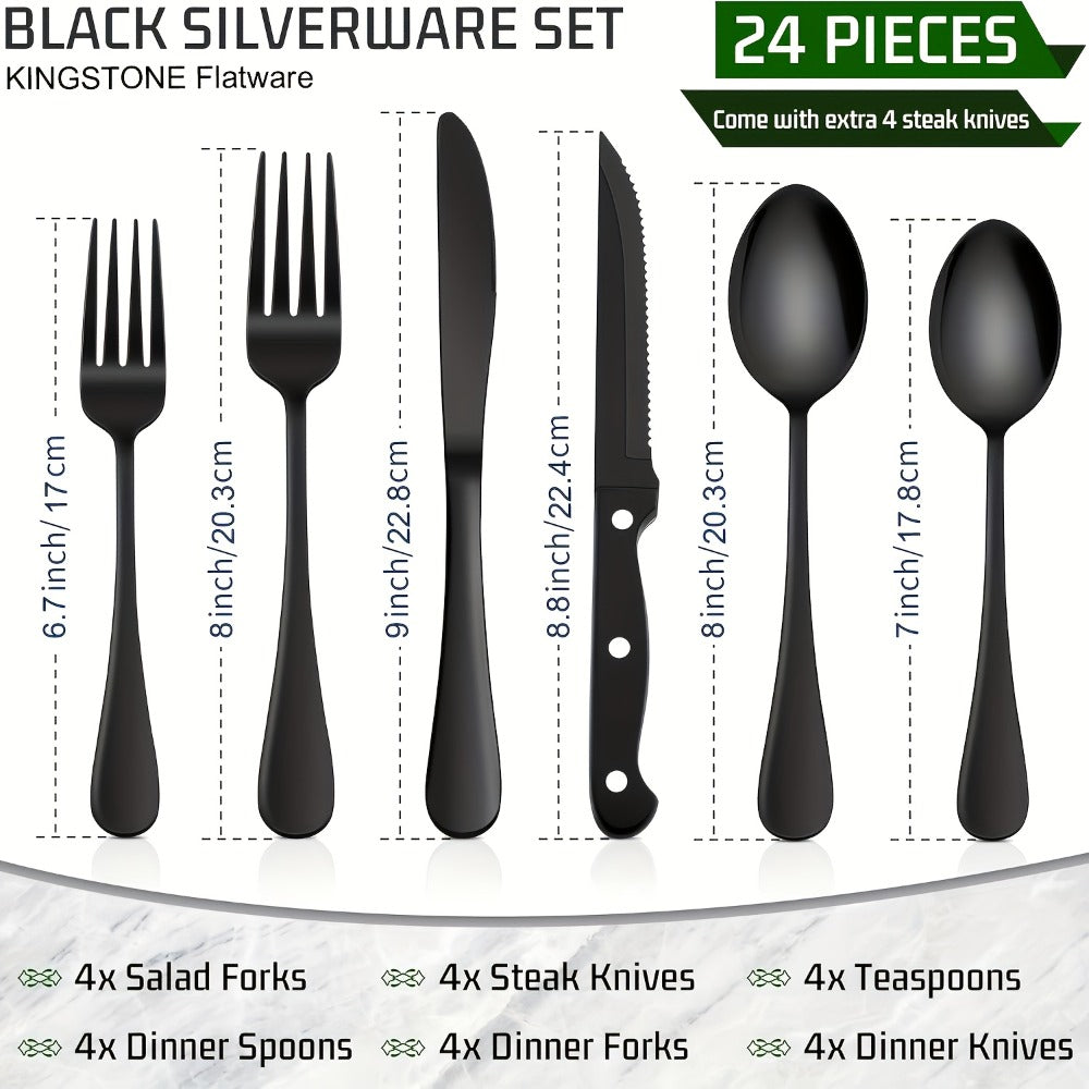 Stainless Steel Flatware Set with Steak Knives – 24/48 Piece Silverware Set Service for 4 or 8, Mirror Polished Cutlery, Dishwasher Safe, Silver & Black