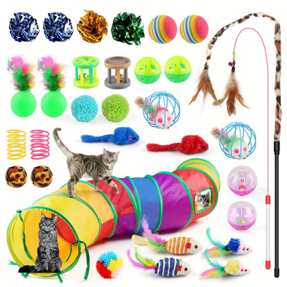 Cat Toys Set 32 Pcs Interactive Kitten Toy Assortment with Rainbow Tunnel, Feather Teaser Wand, Sisal Mice, Bell Balls & Crinkle Balls - Indoor Cat Enrichment Toy Bundle