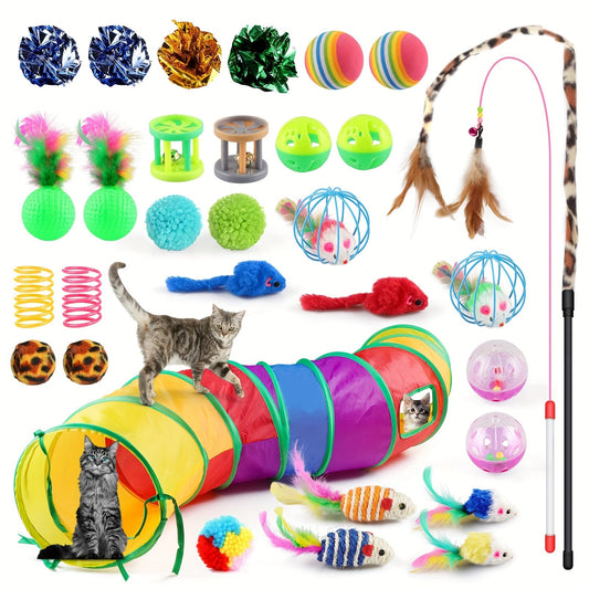 Cat Toy 32-Piece Assortment with Rainbow Tunnel, Feather Wand, Bell Balls, Mice and Crinkle Toys