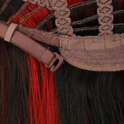 Synthetic Wig 24-Inch Straight Style with Red Highlights, A-Shape Bangs and Adjustable Rose Net Cap