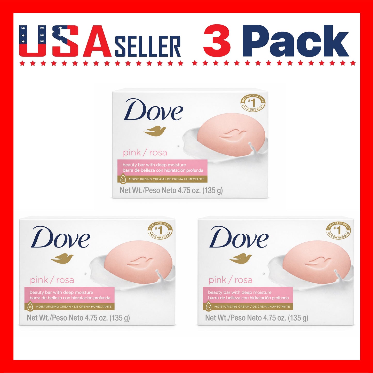 Dove Pink Rosa Beauty Bar Soap, Three-Pack of Individually Boxed 135g Bars for Face, Body and Hands