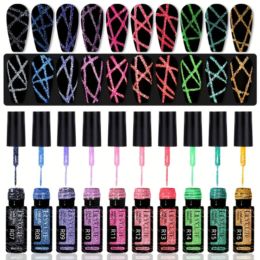 Gel Nail Polish Nine-Piece Reflective Glitter Line Set, 5ml Each for Stripes and Graffiti Nail Art