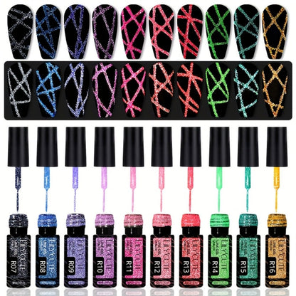 Gel Nail Polish Nine-Piece Reflective Glitter Line Set, 5ml Each for Stripes and Graffiti Nail Art