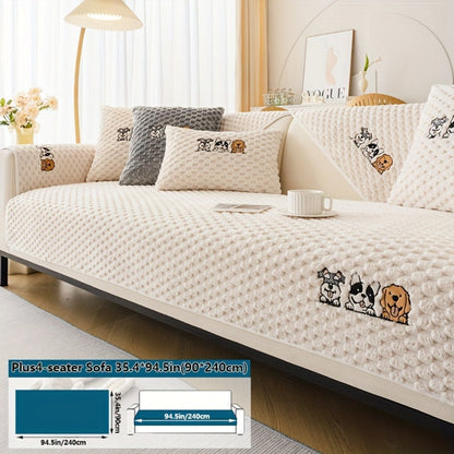 Sofa Cover, Honeycomb Velvet Animal-Embroidered Couch Pad with Non-Slip Backing in Three Colors
