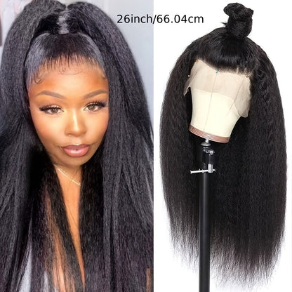 Synthetic Wig 26-Inch Black Kinky-Straight Yaki with HD Lace Front, Glueless Cap and 160°C Fiber