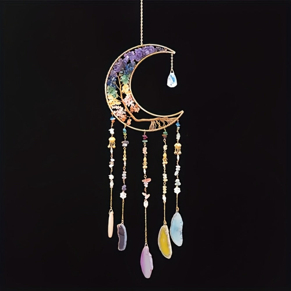 Dreamcatcher Moon Suncatcher Wall Hanging – Handmade Boho Wind Chime Pendant for Indoor Outdoor Garden, Courtyard & Party Decor – Christmas & Birthday Gift
