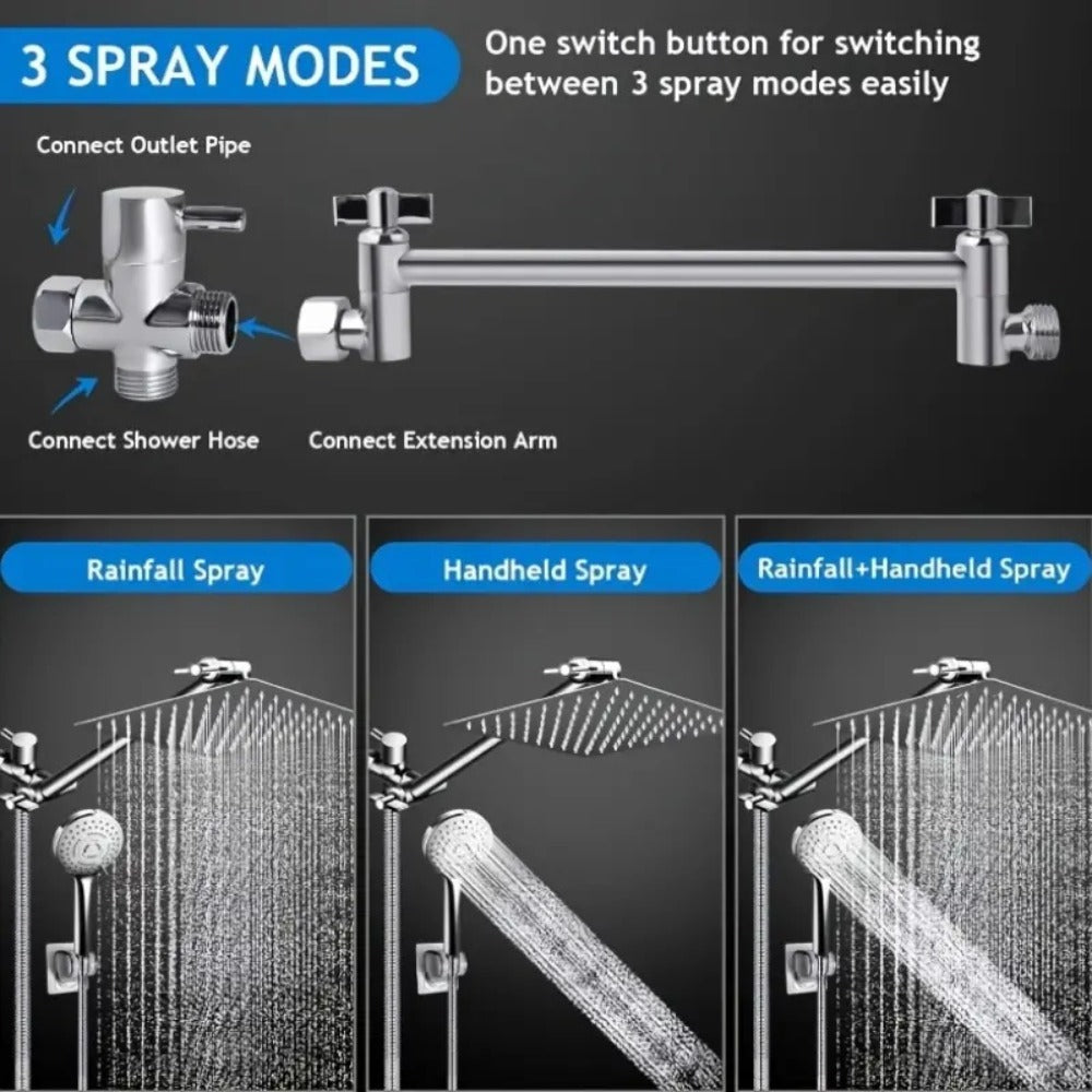 Nine-Setting High-Pressure Shower Head Combo with Handheld Wand, Hose and Adjustable Wall Mount