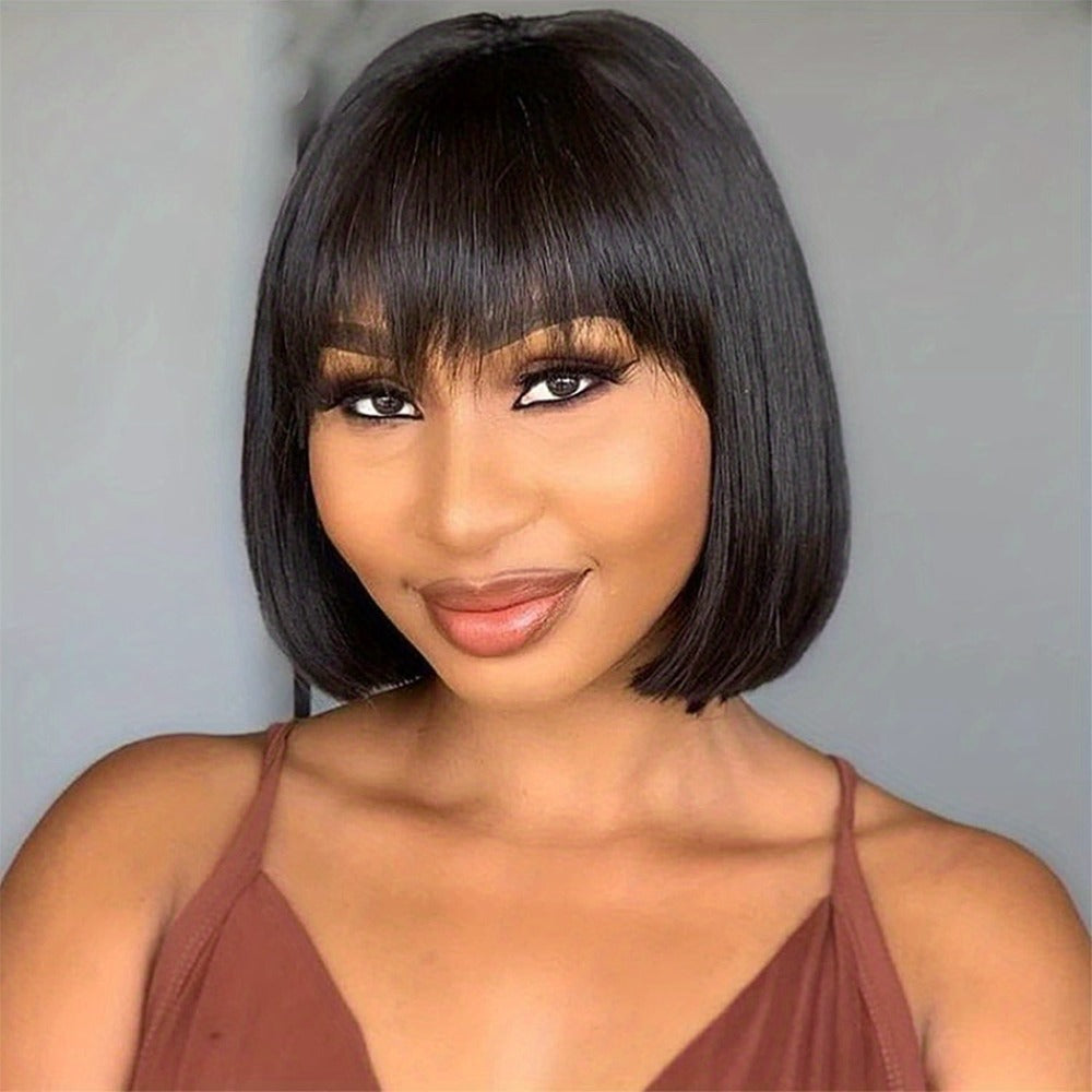 Brazilian Human Hair Bob Wig No Glue 200% Density Full Machine Made Straight with Bangs for Women | Natural Black 8 10 12 16 Inch | Glueless Beginner Friendly