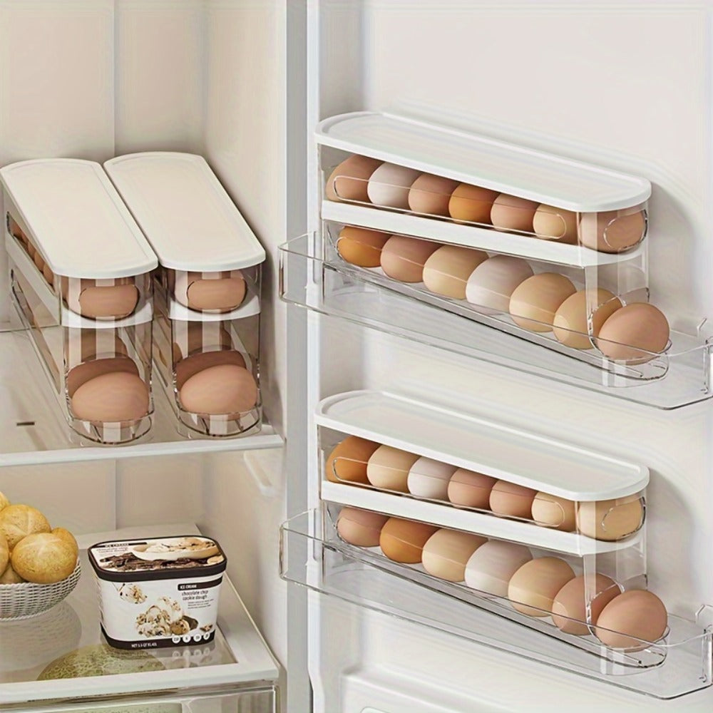 White Double-Layer Rolling Egg Dispenser with 38.2 cm Length for Refrigerator Shelf Storage