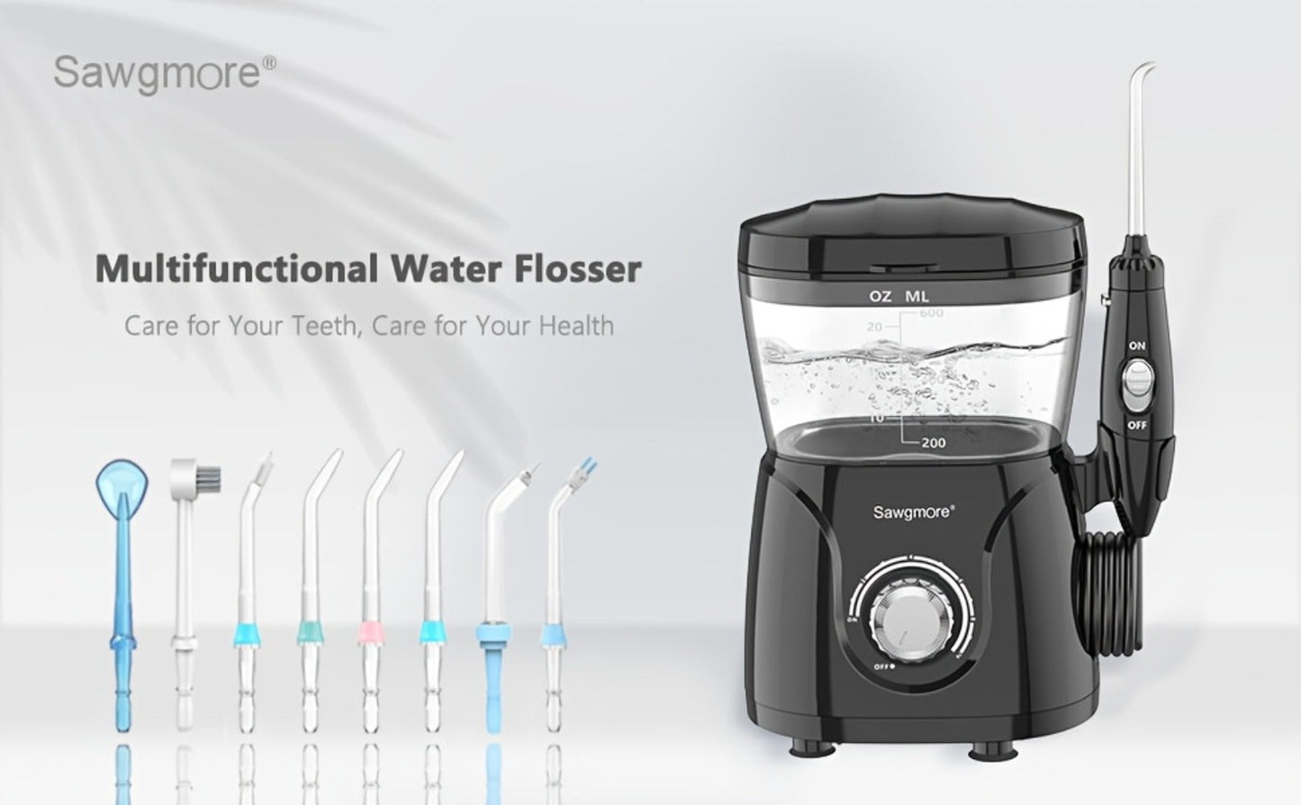 600 ml Desktop Water Flosser in Black with 10 Pressure Levels, Eight Nozzles and Large Tank
