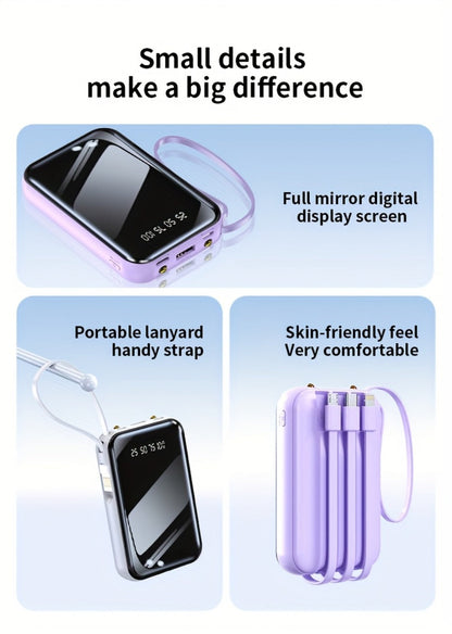 3-in-1 Built-in Cables Power Bank 50000mAh Portable Charger with Smart Digital Display Flashlight Apple Lightning Type-C USB Safe Lithium Battery Pack Outdoor Emergency Travel Gift