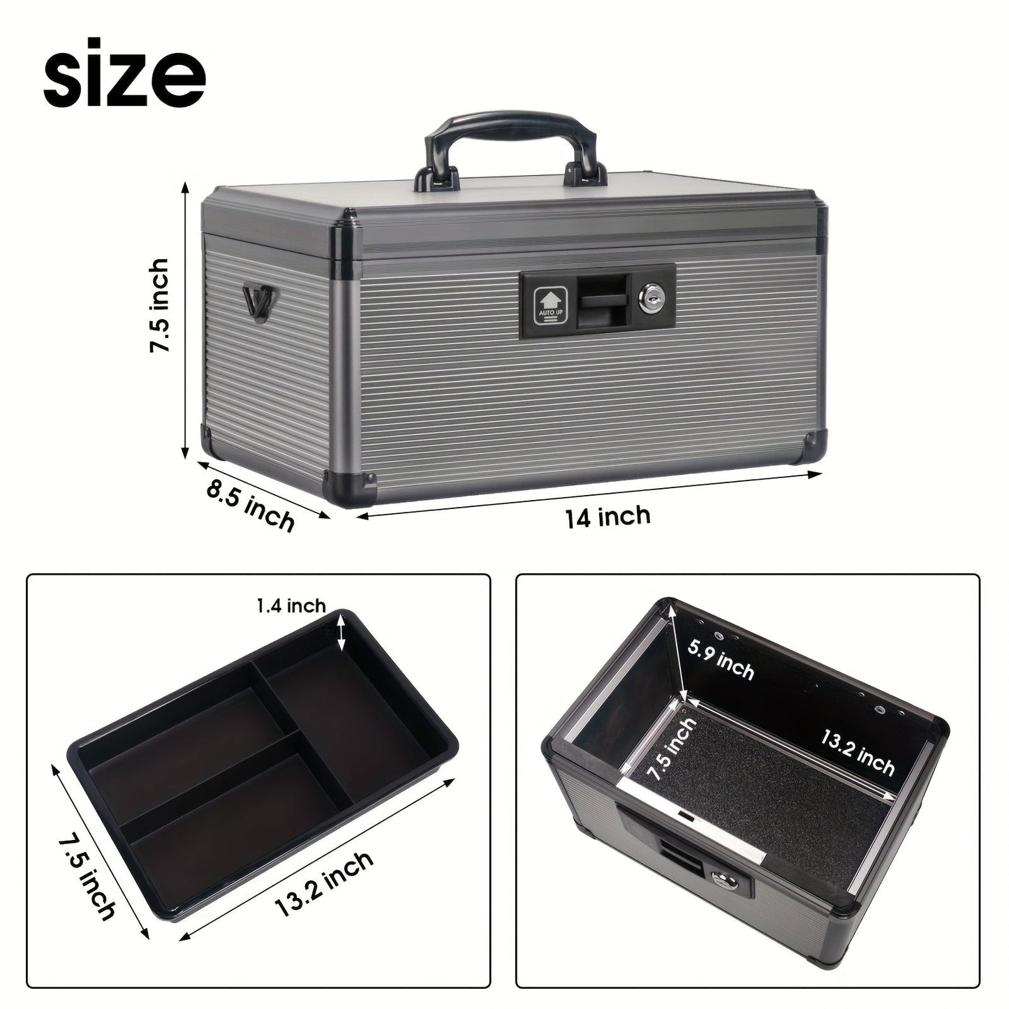 Aluminum Alloy Lockable Medicine Box – Double Layer Large Capacity Storage Box with Key Lock, Handle & Tray for Medicines, Documents & Valuables, 10"/12"/14"/16" Home Security Box