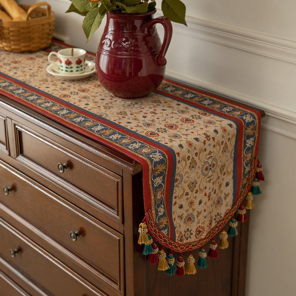 Tasseled Floral Table Runner with 15.75-Inch Width and Three Length Options for Dining Tables