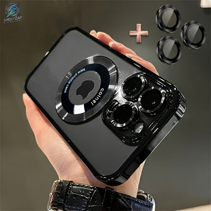 Electroplated Transparent iPhone Case with Hollow Logo Display Built-In Lens Film Magnetic Wireless Charging Shockproof TPU Cover for iPhone 17 16 15 14 13 12 11 Air Pro Max Plus – Luxury Metallic Finish