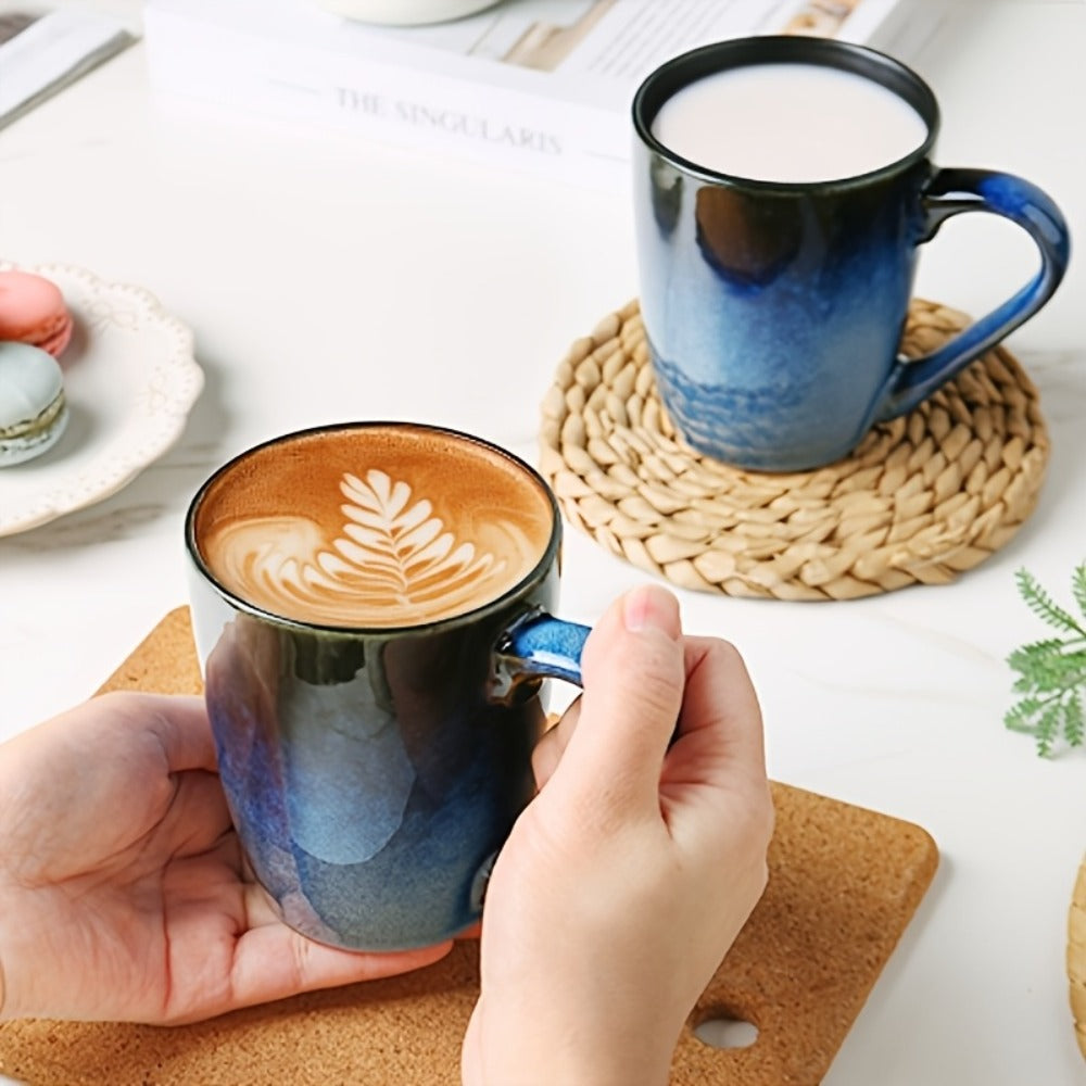 Six-Piece Blue Gradient Coffee Mug Set with Straight Handles and 14-Ounce Capacity Label Pictured