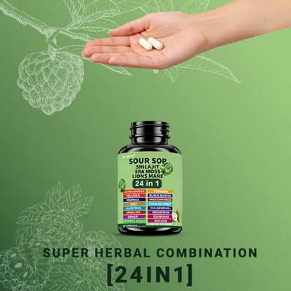 Dietary Supplement Sea Moss 24-in-1 Capsules with Soursop, Lion’s Mane and Shilajit, One or Two Bottles
