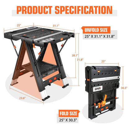 Orange-and-Black Folding 31.1 x 25-Inch Workbench and Sawhorse with Clamps, Blocks and Tool Tray