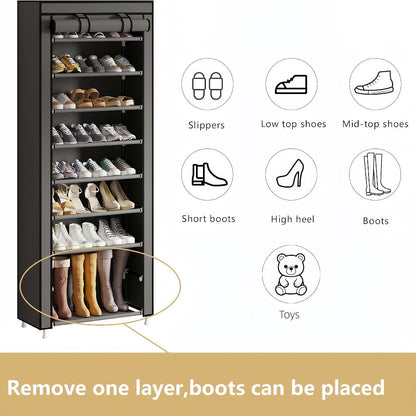 Shoe Rack with Dust Cover – 6/8/10 Tier High-Capacity Space Saving Shoe Organizer, Easy Assembly, 12mm Pipe, Entryway Closet & Wardrobe Storage Rack