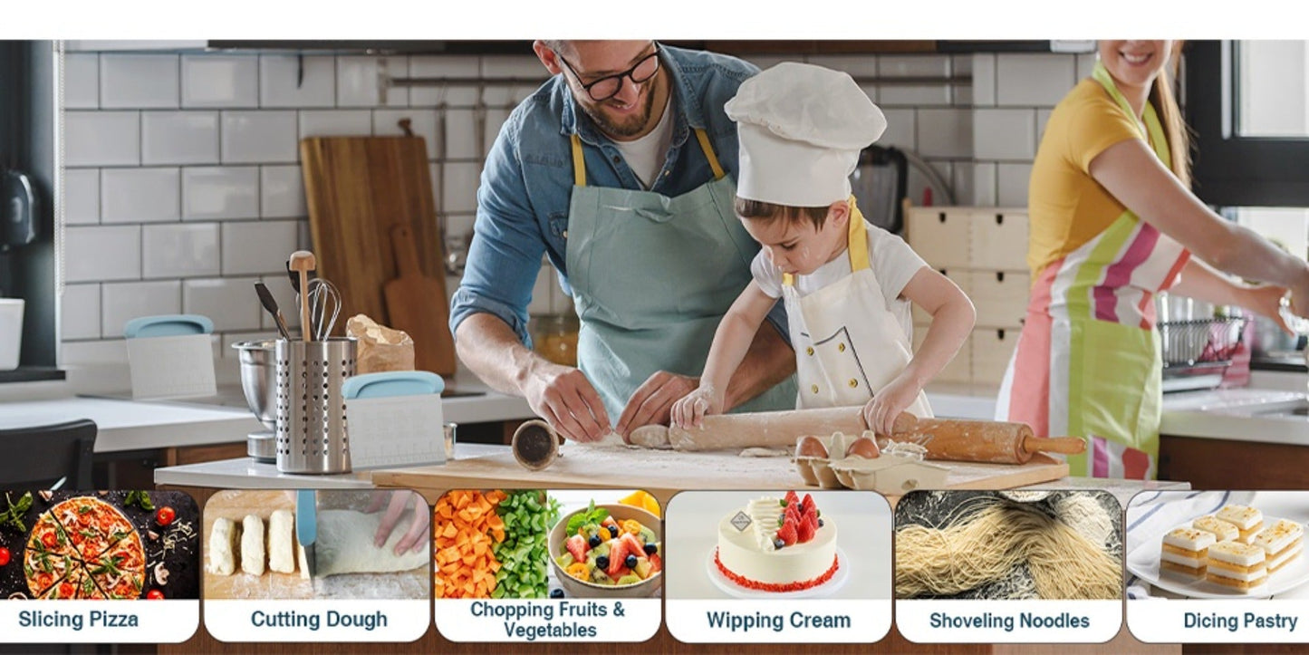 Two-Piece Dough Scraper Set with Metal Bench Cutter, Measurement Guide and Blue or Grey Bowl Scraper