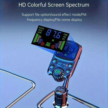 Flexible-Neck Car FM Transmitter with Color Display, USB-C and USB-A Ports, AUX Input and Call Controls