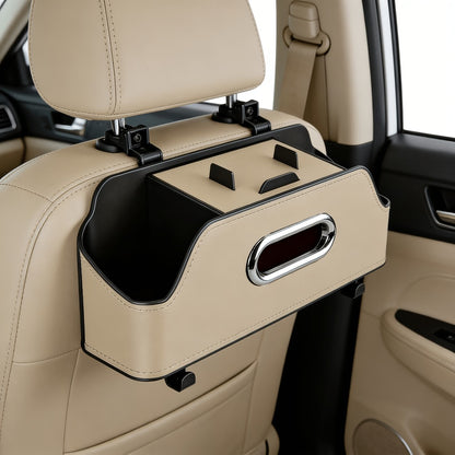Car Backseat Organizer with Dual Cup Holders, Tissue Box & Hooks – Multi-Function Back Seat Storage for SUV, Sedan & Minivan | Brown, Orange, Black, Cream