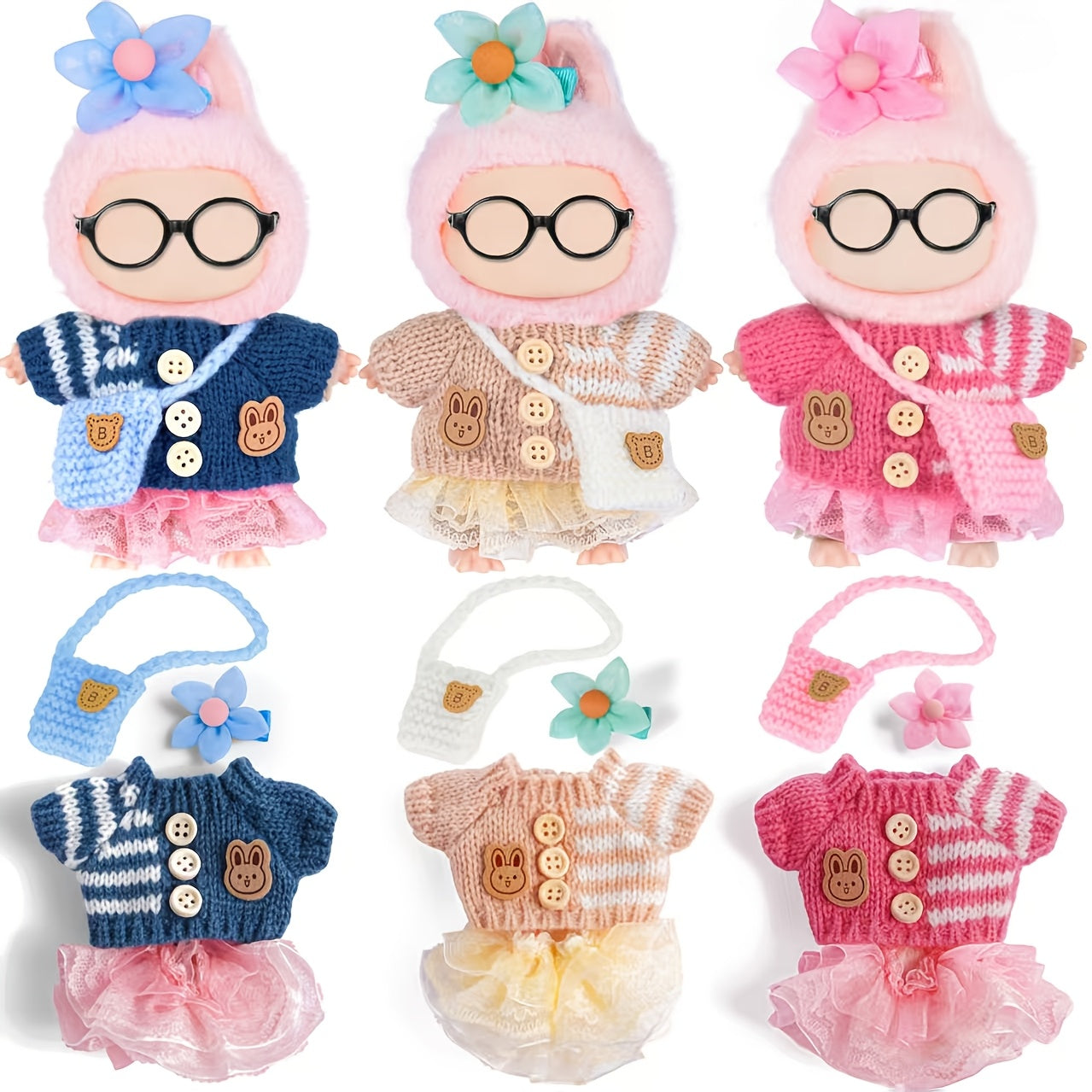 Three-Set Doll Clothes Collection for 17cm Plush Dolls with Knit Tops, Tulle Skirts, Hair Accents and Bags