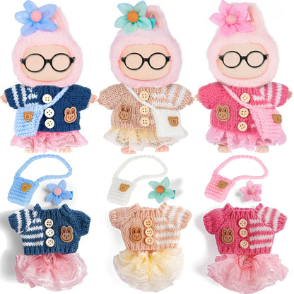 Three-Set Doll Clothes Collection for 17cm Plush Dolls with Knit Tops, Tulle Skirts, Hair Accents and Bags